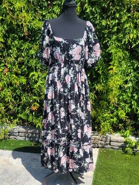 BOHO Black Maxi Dress with Pink Rose Print.  X